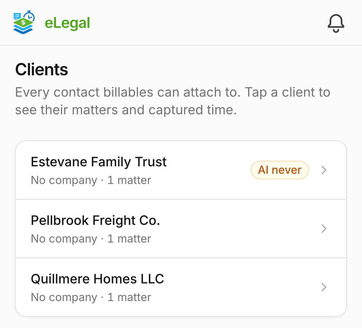 The Clients list on a phone with one client, Estevane Family Trust, marked AI never