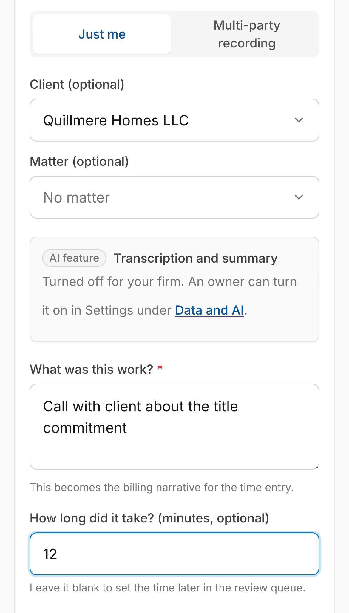 The Dictate screen on a phone with the AI feature card reading Turned off for your firm, above a typed one-line summary and the minutes