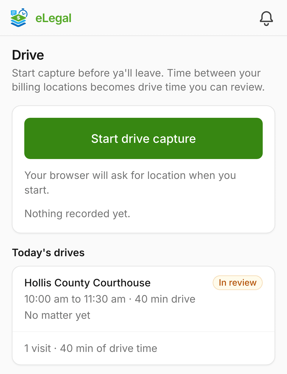 The Drive page on a phone: a trip to Hollis County Courthouse, 40 minutes of drive time, in review with no matter yet