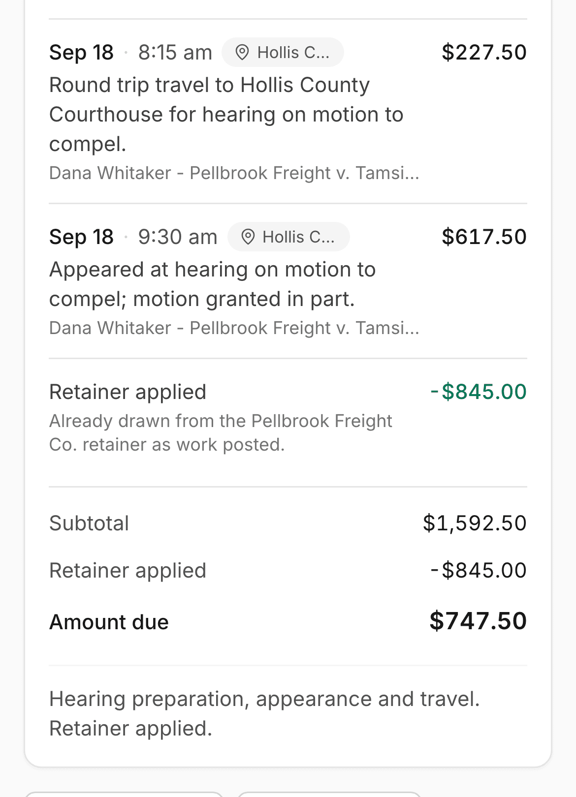 A sent invoice on a phone: the retainer applied and $747.50 left to pay