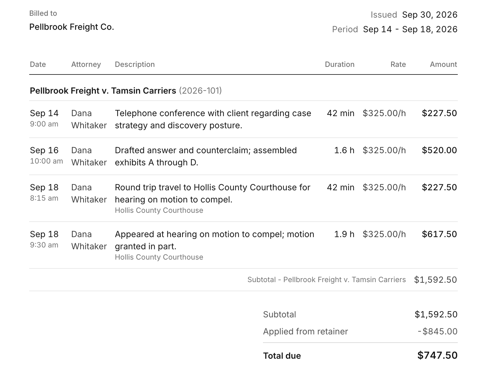 The same invoice in its print view: four entries on Pellbrook Freight v. Tamsin Carriers, the retainer applied, $747.50 total due