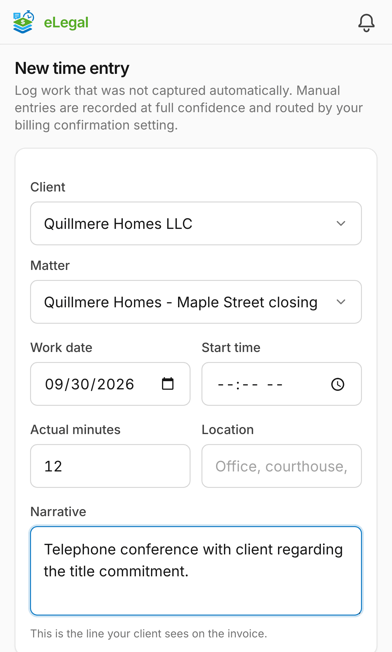 New time entry on a phone: a twelve-minute entry for Quillmere Homes LLC with the matter and narrative filled in