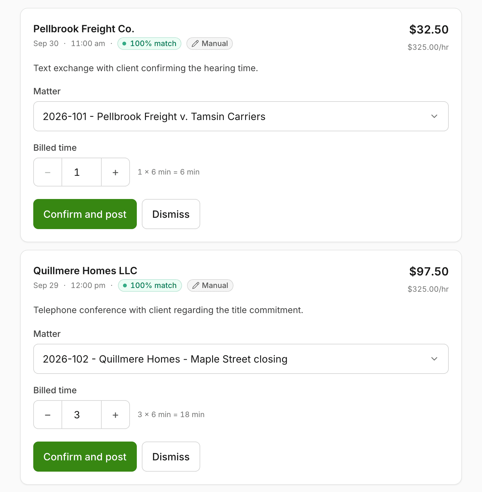 The Review queue on a desktop: two entries waiting, an entry about a text exchange with Pellbrook Freight Co. billed at 6 minutes, and a telephone conference for Quillmere Homes LLC billed at 18 minutes