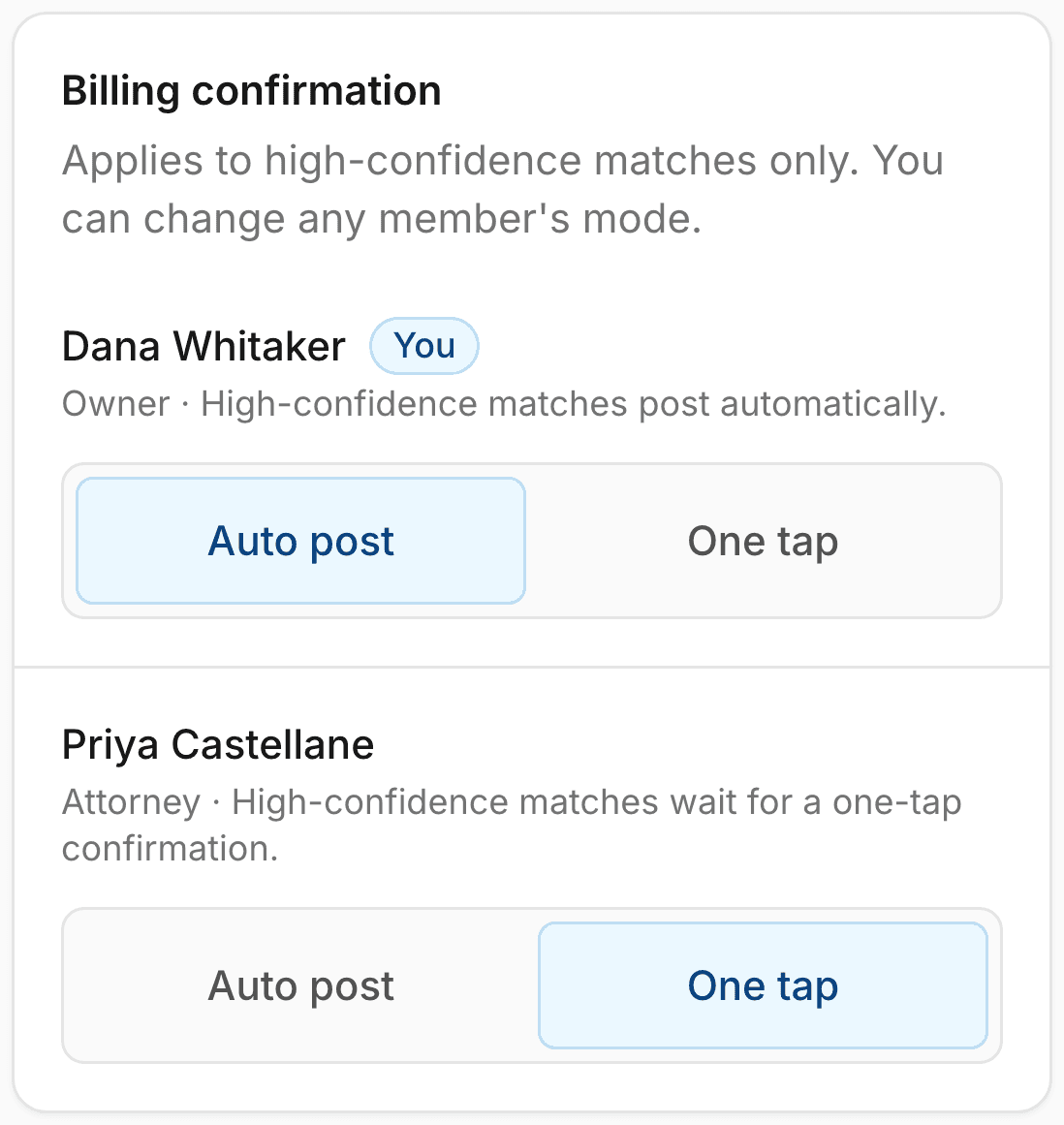 Settings on a phone: Billing confirmation, where each attorney chooses Auto post or One tap