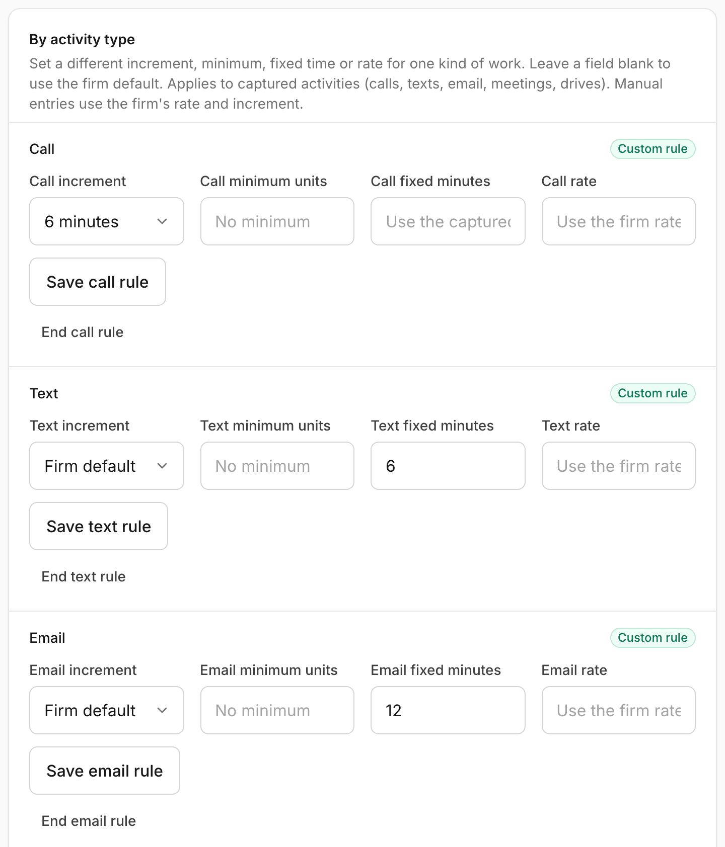 Billing by activity type in Settings: calls in six-minute steps, a text at a fixed six minutes, an email at a fixed twelve